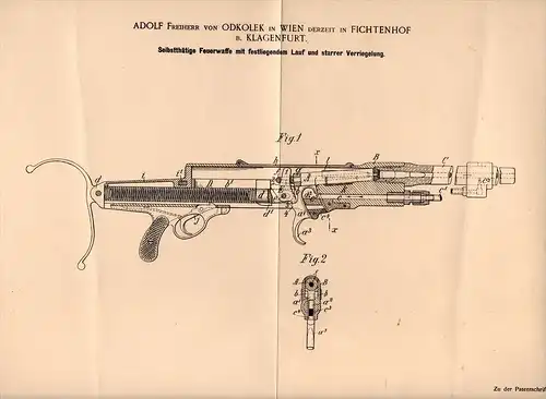 Original Patentschrift - Freiherr von Odkolek in Fichtenhof b. Klagenfurt , 1897 , Feuerwaffe , Gewehr , Pistole , Wien