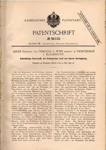 Original Patentschrift - Freiherr von Odkolek in Fichtenhof b. Klagenfurt , 1897 , Feuerwaffe , Gewehr , Pistole , Wien