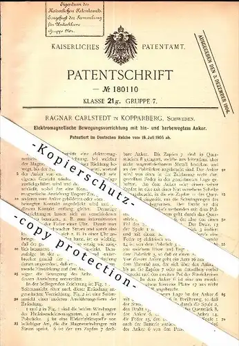 Original Patent - Ragnar Carlstedt in Kopparberg , Schweden , 1905 , Elektromagnetischer Apparat , Ljusnarsberg !!