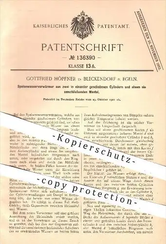 original Patent - G. Höpfner , Bleckendorf / Egeln , 1901 , Speisewasservorwärmer aus 2 Zylindern , Heizung , Wasser