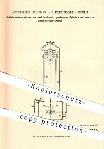 original Patent - G. Höpfner , Bleckendorf / Egeln , 1901 , Speisewasservorwärmer aus 2 Zylindern , Heizung , Wasser