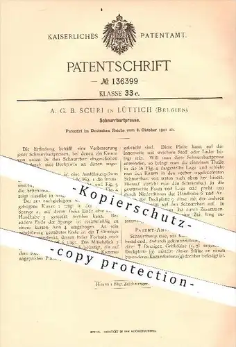 original Patent - A. G. B. Scuri in Lüttich , Belgien , 1901 , Schnurrbart - Presse , Bart , Bartpflege , Kamm , Haare