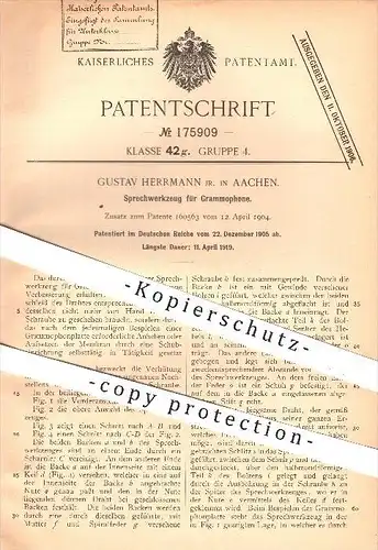 original Patent - G. Herrmann , Aachen , 1905 , Sprechwerkzeug für Grammophon , Grammophone , Plattenspieler , Grammofon