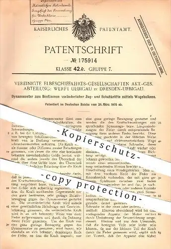 original Patent - Vereinigte Elbe - Schifffahrts - Ges. AG /  Werft Uebigau , Dresden , 1905 , Dynamometer , Schiffe !!!