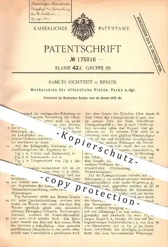 original Patent - S. Richtzeit , Berlin  1905 , Wettersäule für öffentl. Plätze , Park , Wetter , Temperatur , Luftdruck