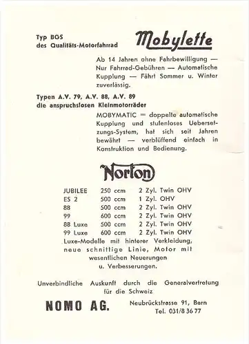 Werbung / Reklame - NORTON , Mobylette , NOMO AG in Bern , 1961 , Motorrad , Anzeige !!!