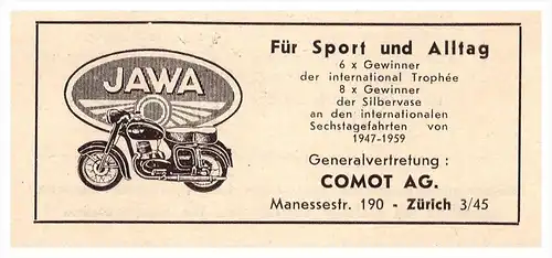 Werbung / Reklame - JAWA , COMOT AG in Zürich 1961 , Motorrad , Anzeige !!!
