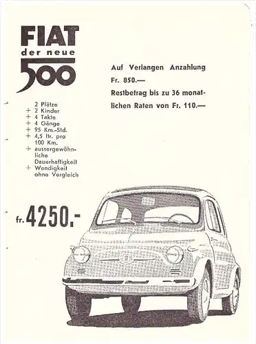 Werbung / Reklame - Fiat 500 , 1961 , Automobile , Anzeige !!!