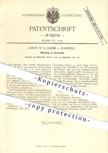 original Patent - Ernst W. G. Damm in Hamburg , 1884 , Karussell , Karussells , Gondel , Sport , Jahrmarkt , Freizeit !!