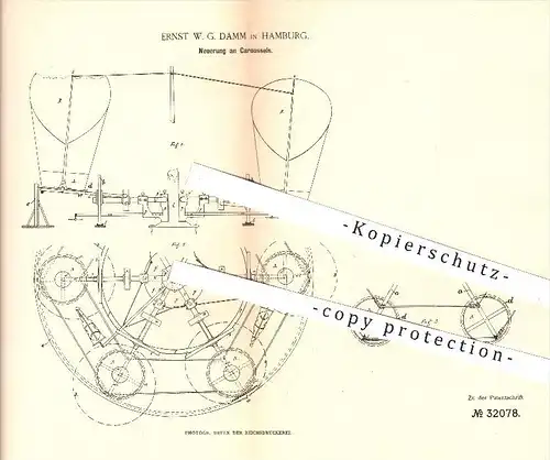 original Patent - Ernst W. G. Damm in Hamburg , 1884 , Karussell , Karussells , Gondel , Sport , Jahrmarkt , Freizeit !!