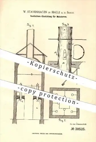 original Patent - W. Stavenhagen , Halle / Saale , 1886 , Ventilation für Malzdarren , Malz , Darre , Darren , Bier !!