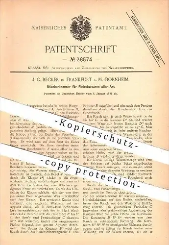 original Patent - J. C. Becker , Frankfurt / Main - Bornheim , 1886 , Räucherkammer für Fleisch , Schinken , Räucherofen
