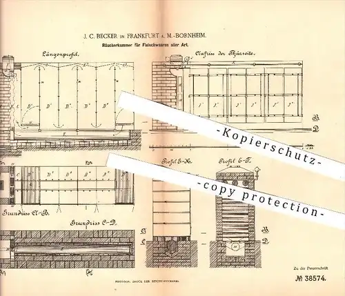 original Patent - J. C. Becker , Frankfurt / Main - Bornheim , 1886 , Räucherkammer für Fleisch , Schinken , Räucherofen