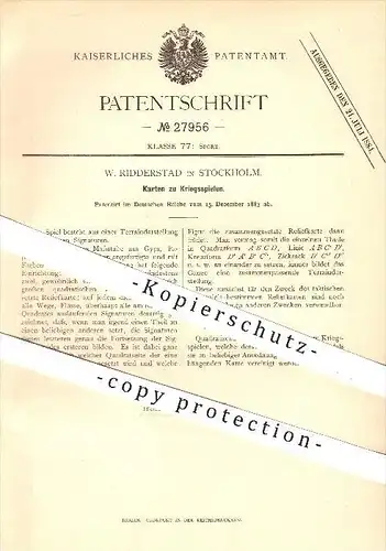original Patent - W. Ridderstad in Stockholm , 1883 , Karten zu einem Kriegsspiel , Kartenspiel , Krieg , Spielkarten !!