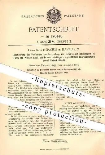 original Patent - W. C. Heraeus , Hanau / Main , 1905 , Herstellung elektr. Heizkörper , Heizwiderstand , Heizung !!!