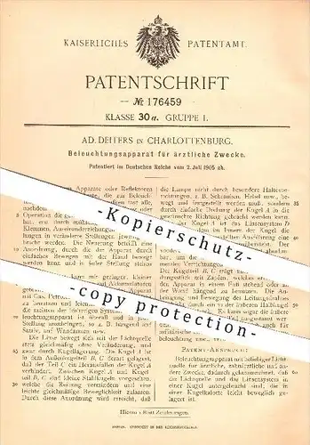 original Patent - Ad. Deiters , Charlottenburg 1905 , Beleuchtung für ärztliche Zwecke , Arzt , Zahnarzt , Licht , Linse