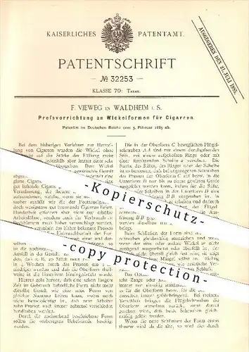 original Patent - F. Vieweg , Waldheim 1885 , Pressvorrichtung an Wickelformen für Zigarren , Zigarre , Tabak , Rauchen