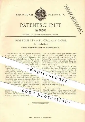 original Patent - Ernst L. Ripp , Schönau / Chemnitz , 1891 , Kettenleiter , Leiter , Leitern , Strickleiter , Sprossen