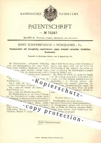 original Patent - Ernst Schweinefleisch , Mühlhausen , 1893 , Rauhmaschine mit künstlichen Rauhkarden !!!