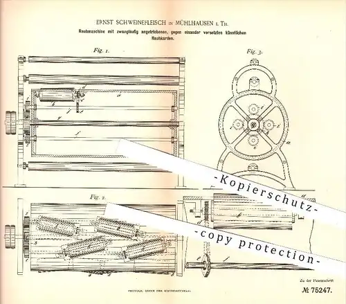 original Patent - Ernst Schweinefleisch , Mühlhausen , 1893 , Rauhmaschine mit künstlichen Rauhkarden !!!