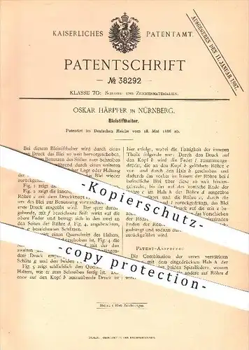 original Patent - Oskar Härpfer in Nürnberg , 1886 , Bleistifthalter , Bleistift , Stift , Stifte , Schreiben , Zeichnen