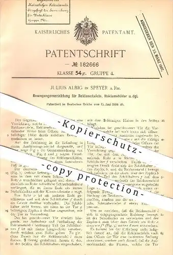 original Patent - Julius Albig , Speyer / Rhein , 1906 , Bewegungsvorrichtung für Reklame - Tafeln u. Bilder , Werbung !