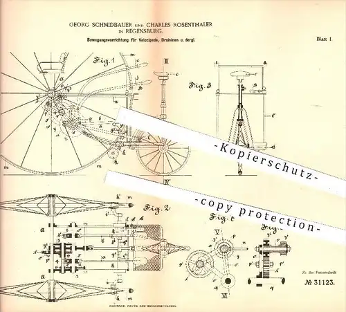 original Patent - G. Schmidbauer & Ch. Rosenthaler , Regensburg , 1884 , Bewegungsvorrichtung für Velociped , Draisine !