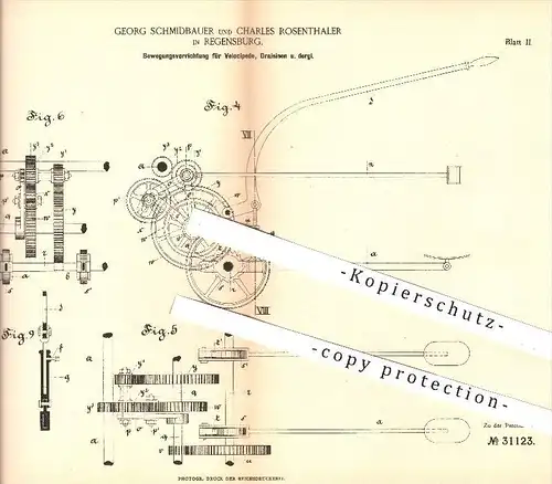 original Patent - G. Schmidbauer & Ch. Rosenthaler , Regensburg , 1884 , Bewegungsvorrichtung für Velociped , Draisine !