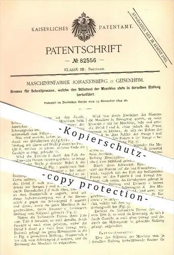 original Patent - Maschinenfabrik Johannisberg - Klein, Forst & Bohn Nachfolger , Geisenheim , 1894 , Bremse für Pressen