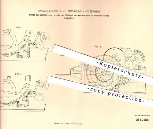 original Patent - Maschinenfabrik Johannisberg - Klein, Forst & Bohn Nachfolger , Geisenheim , 1894 , Bremse für Pressen