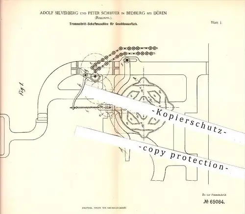 original Patent - A. Silverberg , P. Schiffer , Bedburg , Düren , 1891 , Schaftmaschine für Geschlossenfach , Webstuhl !