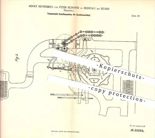 original Patent - A. Silverberg , P. Schiffer , Bedburg , Düren , 1891 , Schaftmaschine für Geschlossenfach , Webstuhl !
