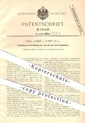 original Patent - Emile Gobbe in Jumet , Belgien , 1899 , Verdichtung von Luft u. Gas durch Explosion , Schornstein !