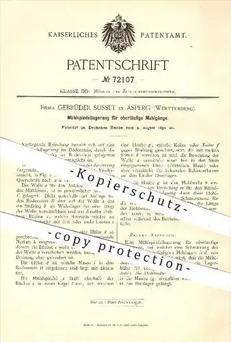 original Patent - Gebr. Susset , Asperg , 1892 , Mühlspindellagerung für  Mahlgänge , Mühle , Mühlen , Mehl , Müller !!!