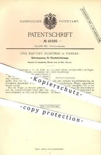 original Patent - Joh. Baptist Schöner in Passau , 1889 , Seitenkupplung für Eisenbahnen , Eisenbahn , Kupplung !!!