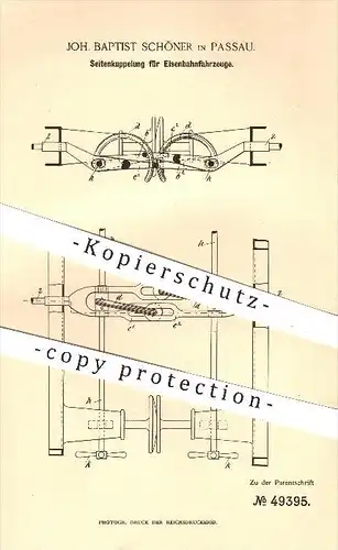 original Patent - Joh. Baptist Schöner in Passau , 1889 , Seitenkupplung für Eisenbahnen , Eisenbahn , Kupplung !!!