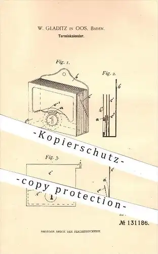 original Patent - W. Gladitz in Oos , 1901 , Terminkalender , Kalender , Kalendarium , Termin , Büro , Register !!!