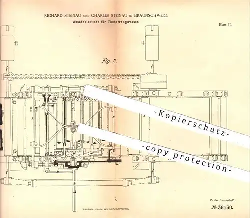 original Patent - R. u. Ch. Steinau , Braunschweig , 1885 , Abschneidetisch für Tonstrangpresse , Presse , Pressen , Ton