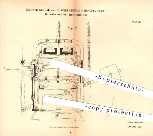 original Patent - R. u. Ch. Steinau , Braunschweig , 1885 , Abschneidetisch für Tonstrangpresse , Presse , Pressen , Ton