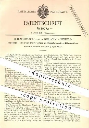 original Patent - H. Hengstenberg , A. Nörholm , Bielefeld , 1884 , Spulenhalter an Nähmaschinen , Nähmaschine , Nähen !