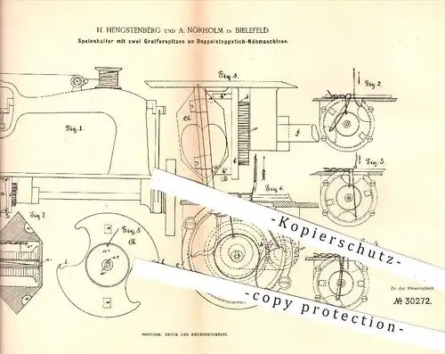 original Patent - H. Hengstenberg , A. Nörholm , Bielefeld , 1884 , Spulenhalter an Nähmaschinen , Nähmaschine , Nähen !