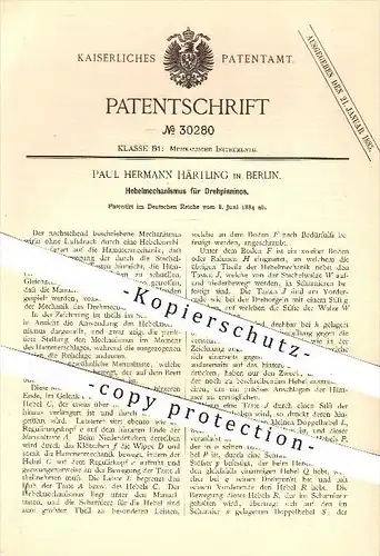 original Patent - P. H. Härtling , Berlin , 1884 , Hebelmechanismus für Drehpianinos , Piano , Klavier , Musikinstrument