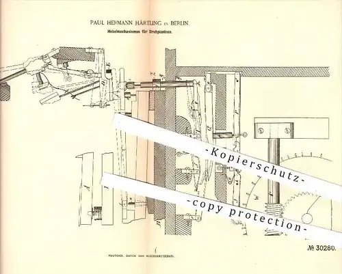 original Patent - P. H. Härtling , Berlin , 1884 , Hebelmechanismus für Drehpianinos , Piano , Klavier , Musikinstrument