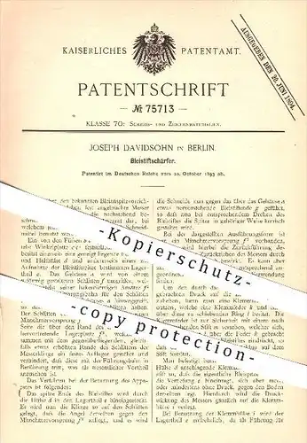 original Patent - Joseph Davidsohn , Berlin , 1893 , Bleistift - Schärfer , Anspitzer , Stift , Stifte , Schreibmaterial
