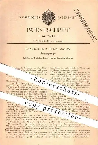 original Patent - Hans Ruthel in Berlin , Pankow , 1893 , Feuerungsanlage , Feuer , Feuerung , Heizung , Ofen , Öfen !!