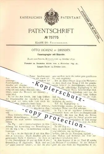 original Patent - Otto Hörenz , Dresden , Feuerzugregler mit Blasrohr , Feuer , Feuerung , Heizung , Ofen , Öfen !!!