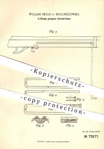 original Patent - William Huch in Braunschweig , 1892 , U-förmig gebogene Gewehrstütze , Gewehr , Gewehre , Waffen , U !