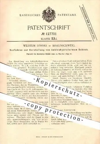 original Patent - Wilhelm Lehrke , Braunschweig , 1899 , kohlenhydratarmes Gebäck , Bäckerei , Bäcker , Brot , Backen !!