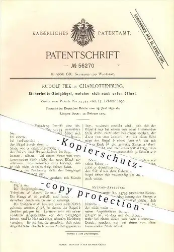 original Patent - R. Fiek , Charlottenburg , 1890 , Sicherheits - Steigbügel , Reiten , Reiter , Pferde , Pferdesport !!