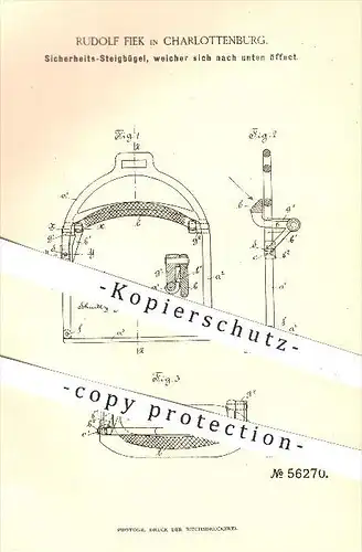 original Patent - R. Fiek , Charlottenburg , 1890 , Sicherheits - Steigbügel , Reiten , Reiter , Pferde , Pferdesport !!